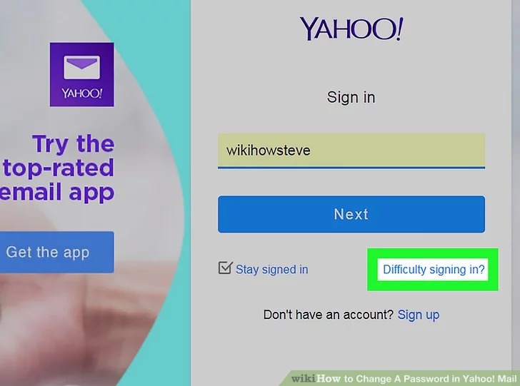 مرحله اول بازنشانی رمز عبور با کلیک بر روی دکمه "Difficulty signing in?"