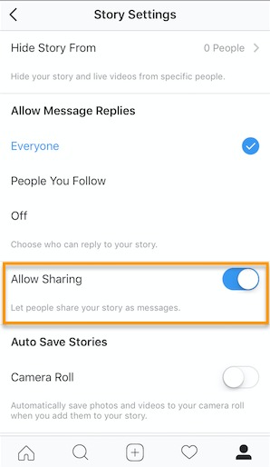 فعال کردن به اشتراک گذاری استوری در اینستاگرام