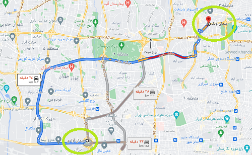 مسیر آزادی به ونک روی نقشه