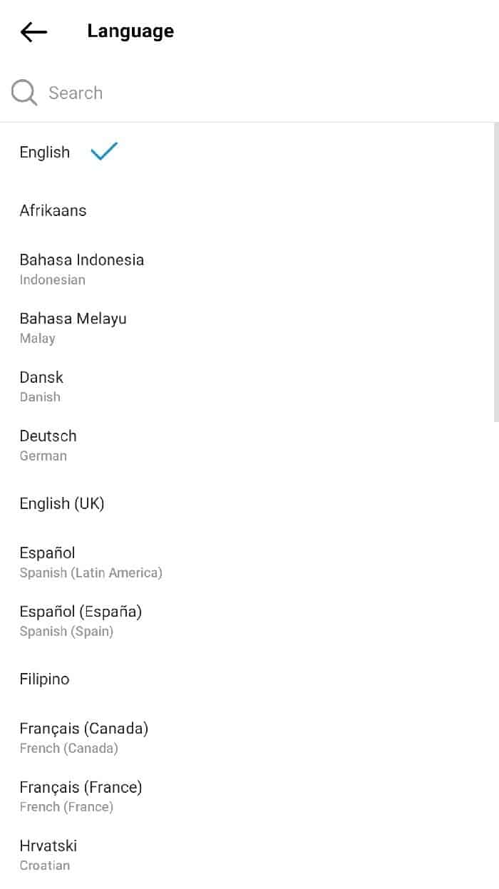 انتخاب زبان اینستاگرام