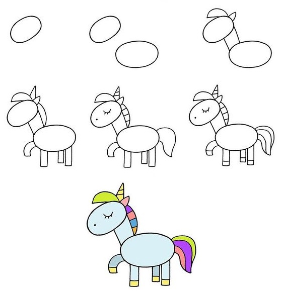 نقاشی اسب تک شاخ ساده برای کودکان