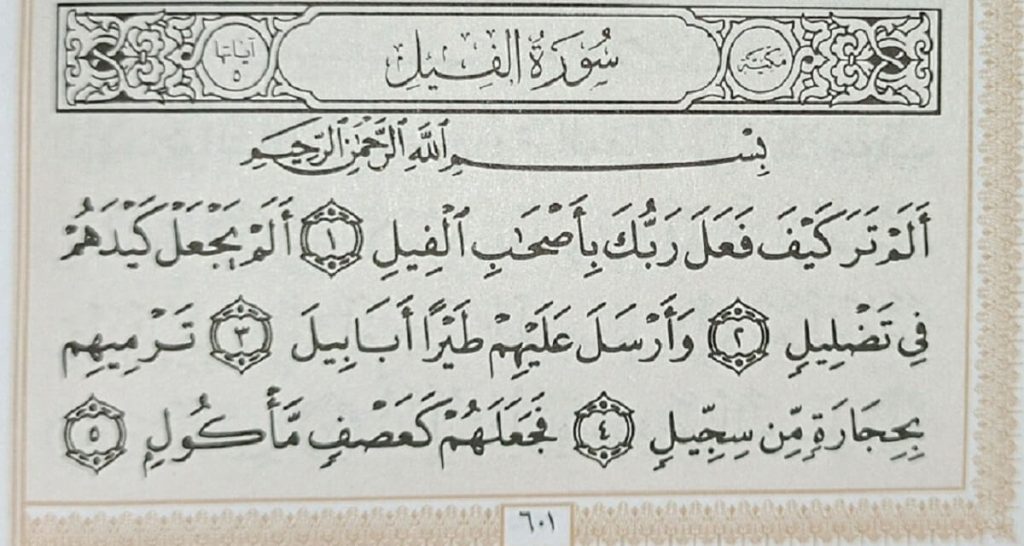 متن سوره فیل بدون ترجمه و با ترجمه + pdf با فونت درشت و صوت