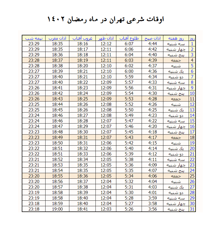اوقات افطاری و سحری در تهران 1402