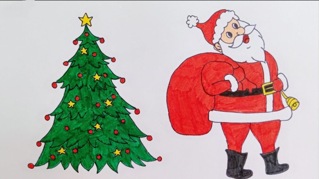 نقاشی درخت کریسمس و بابانوئل